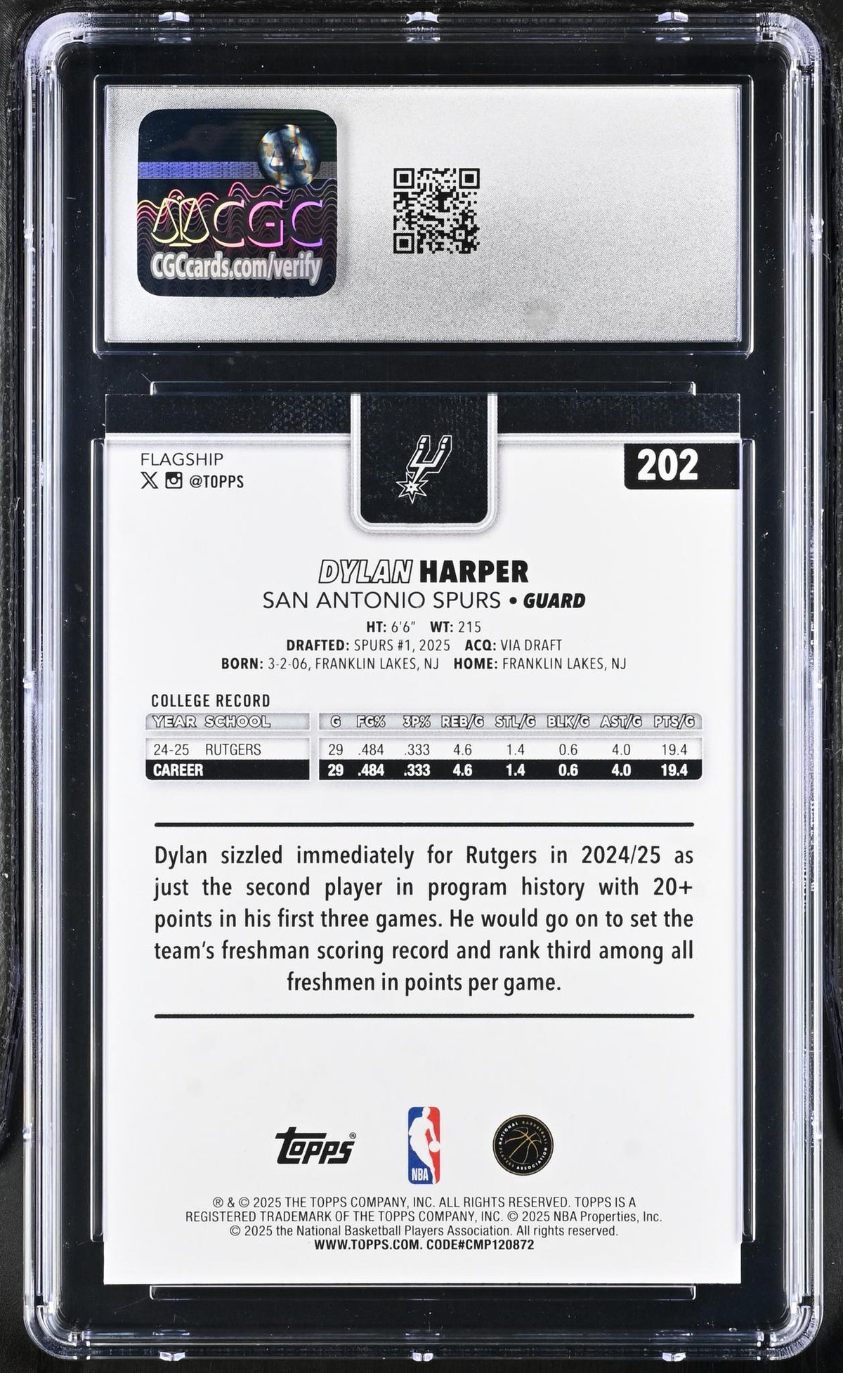 2025 Topps #202 Dylan Harper CGC 10