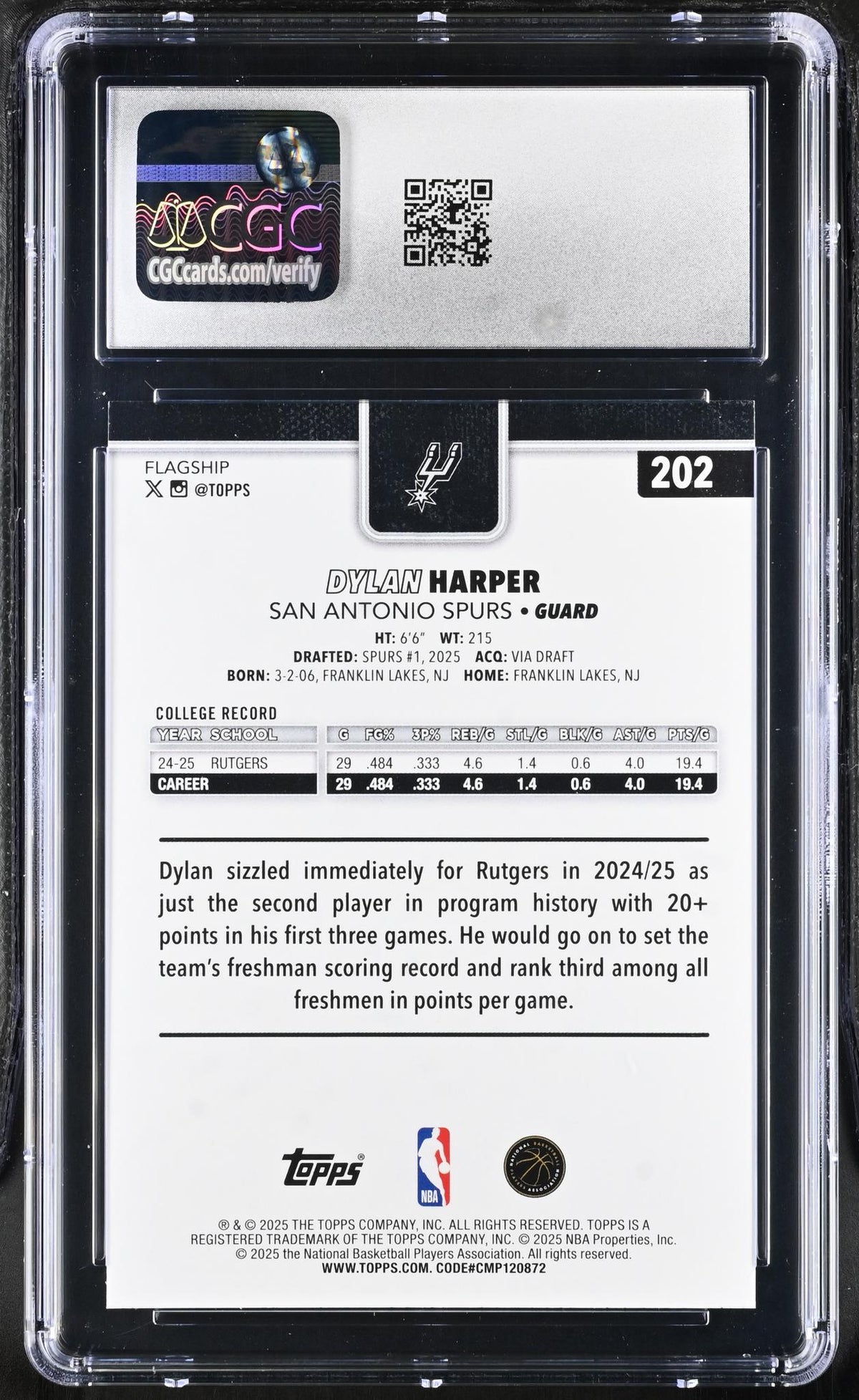 2025 Topps Flagship #202 Dylan Harper CGC 10