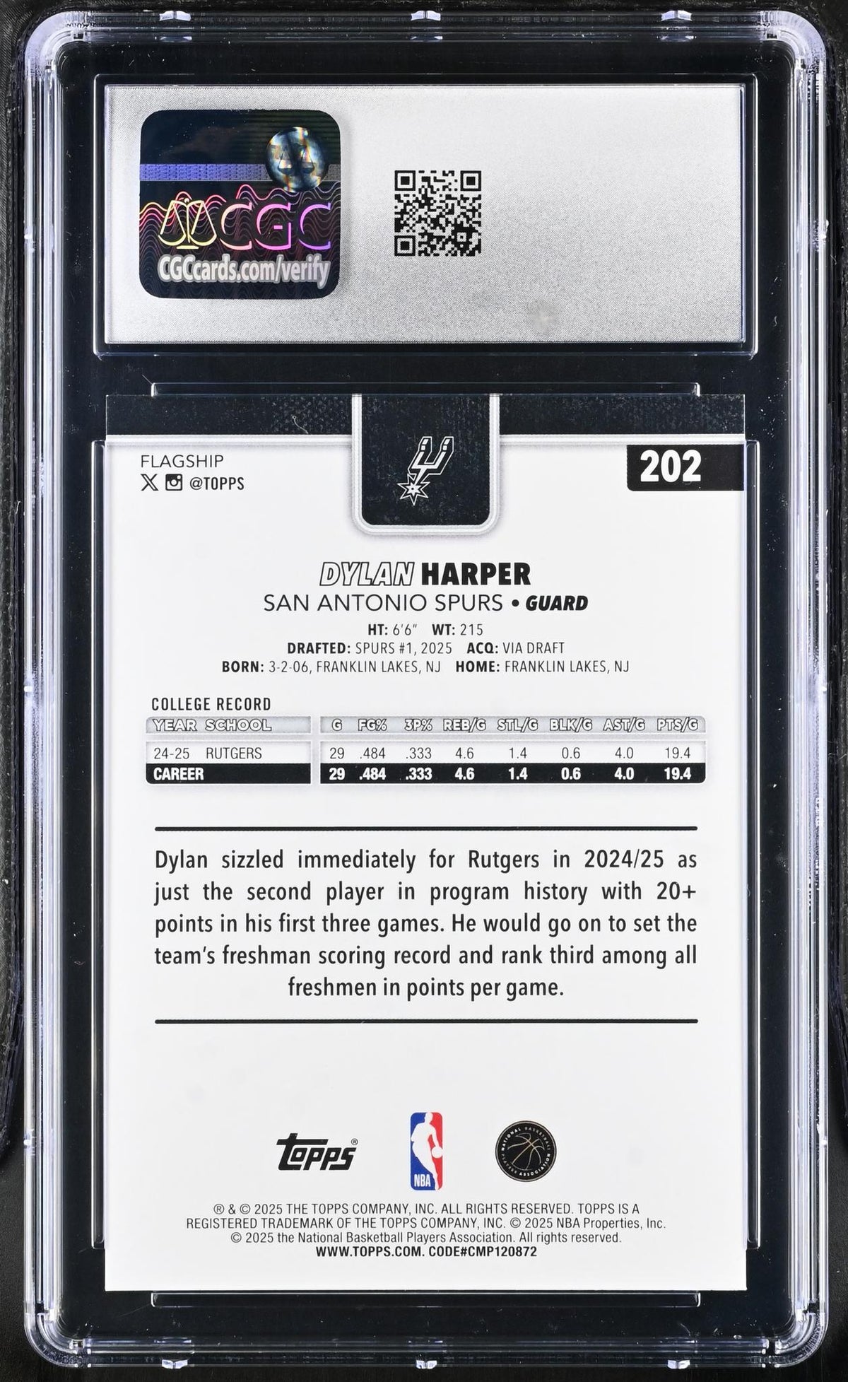 2025 Topps #202 Dylan Harper Flagship CGC 10