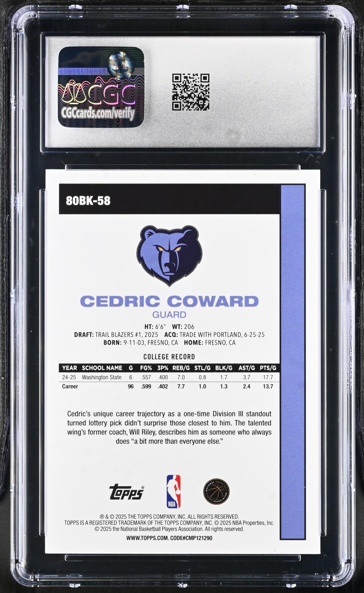 2025 Topps #80BK-58 Cedric Coward CGC 10