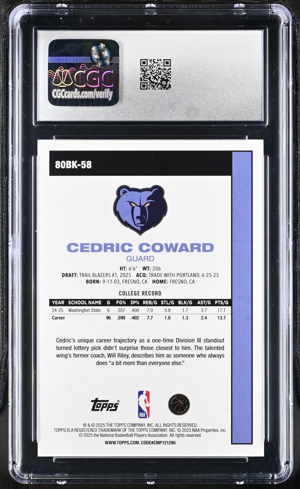 2025 Topps #80BK-58 Cedric Coward CGC 9