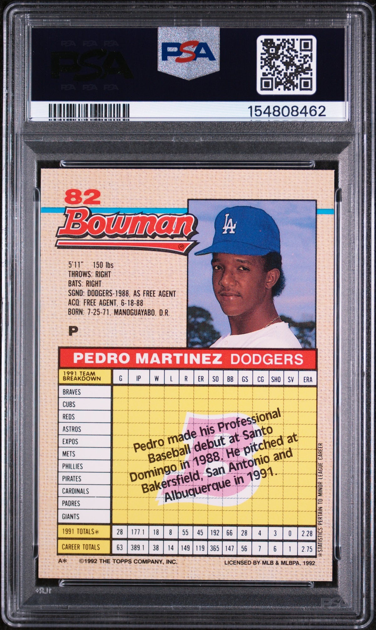 1992 Bowman Pedro Martinez #82 PSA 8
