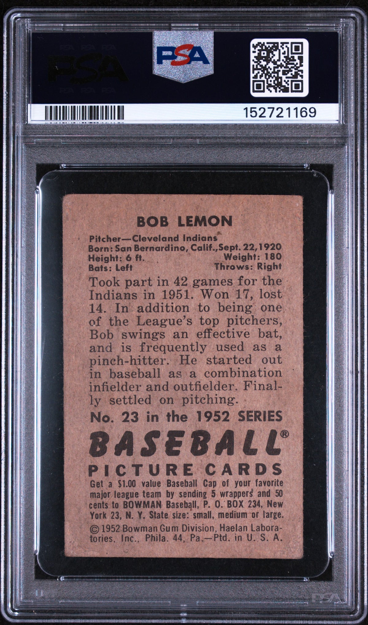 1952 Bowman Bob Lemon #23 PSA 2