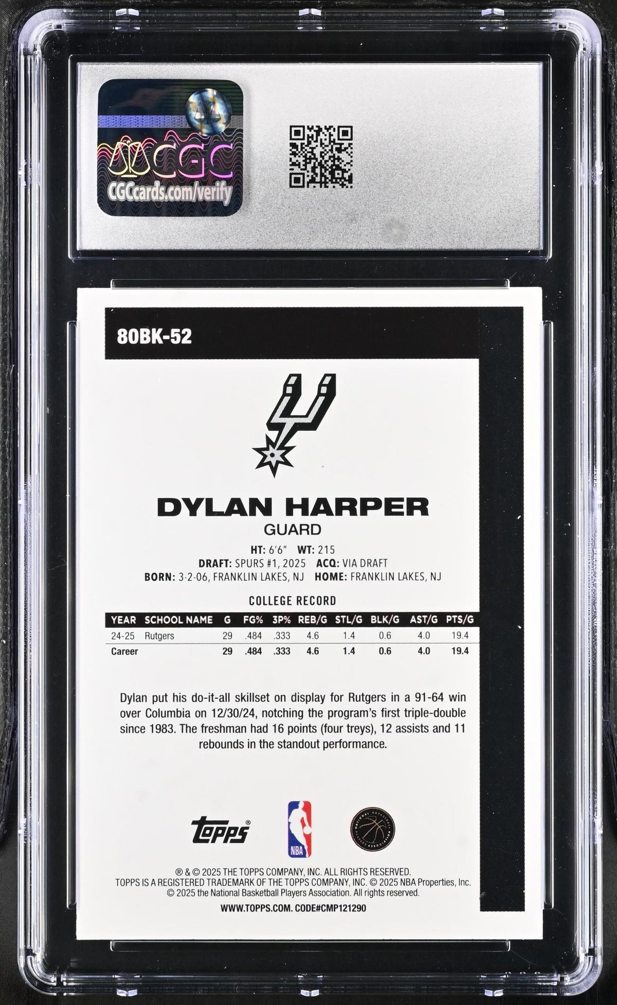 2025 '80-81 Topps #80BK-52 Dylan Harper CGC 9
