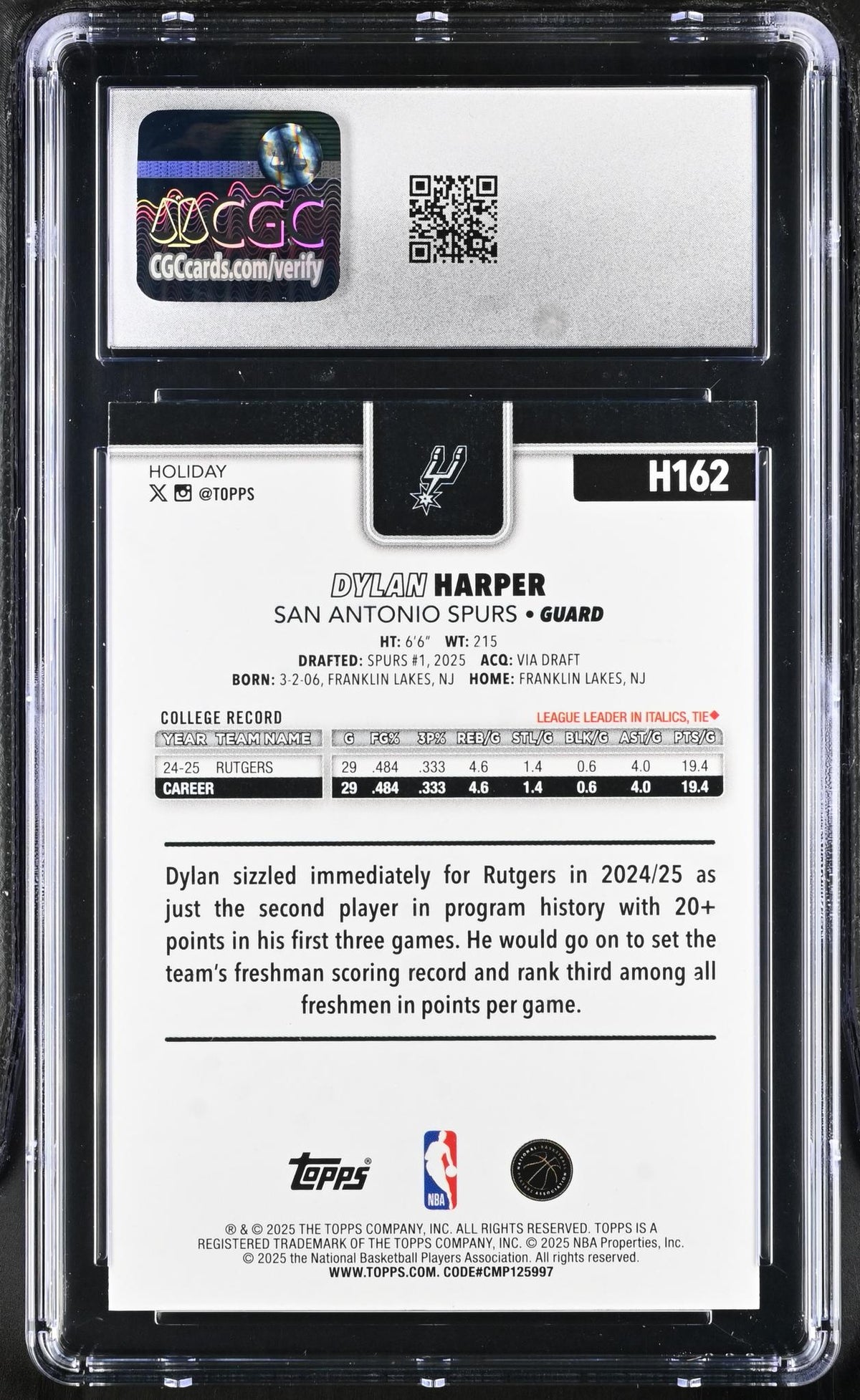 2025 Topps Holiday #H162 Dylan Harper Light Blue & White Glitter CGC 9.5