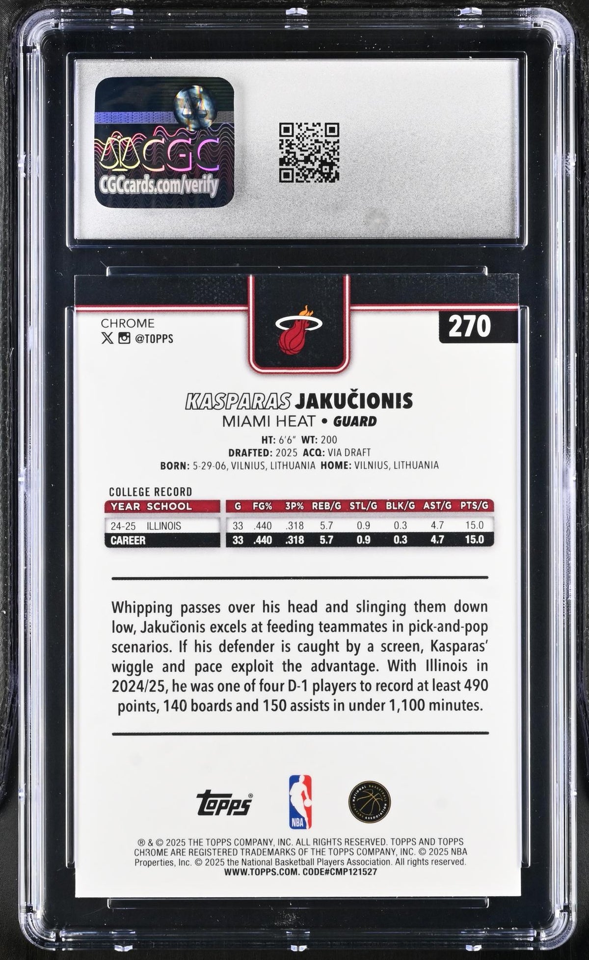 2025 Topps Chrome #270 Kasparas Jakucionis Prism Refractor CGC 9.5