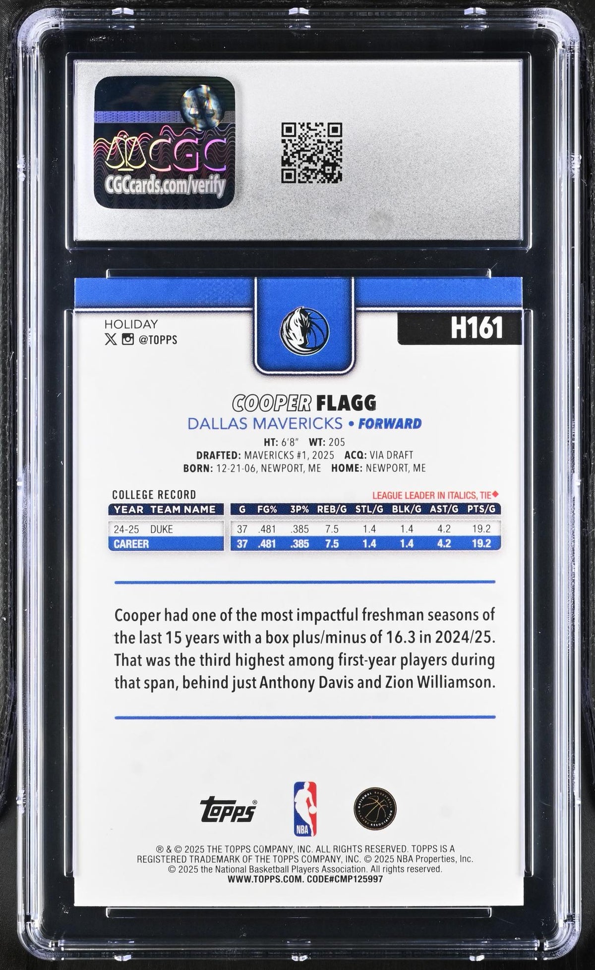2025 Holiday #H161 Cooper Flagg CGC 9