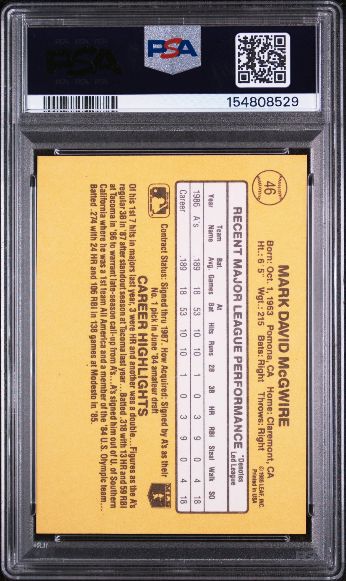 1987 Donruss Rated Rookie Mark Mcgwire #46 PSA 8