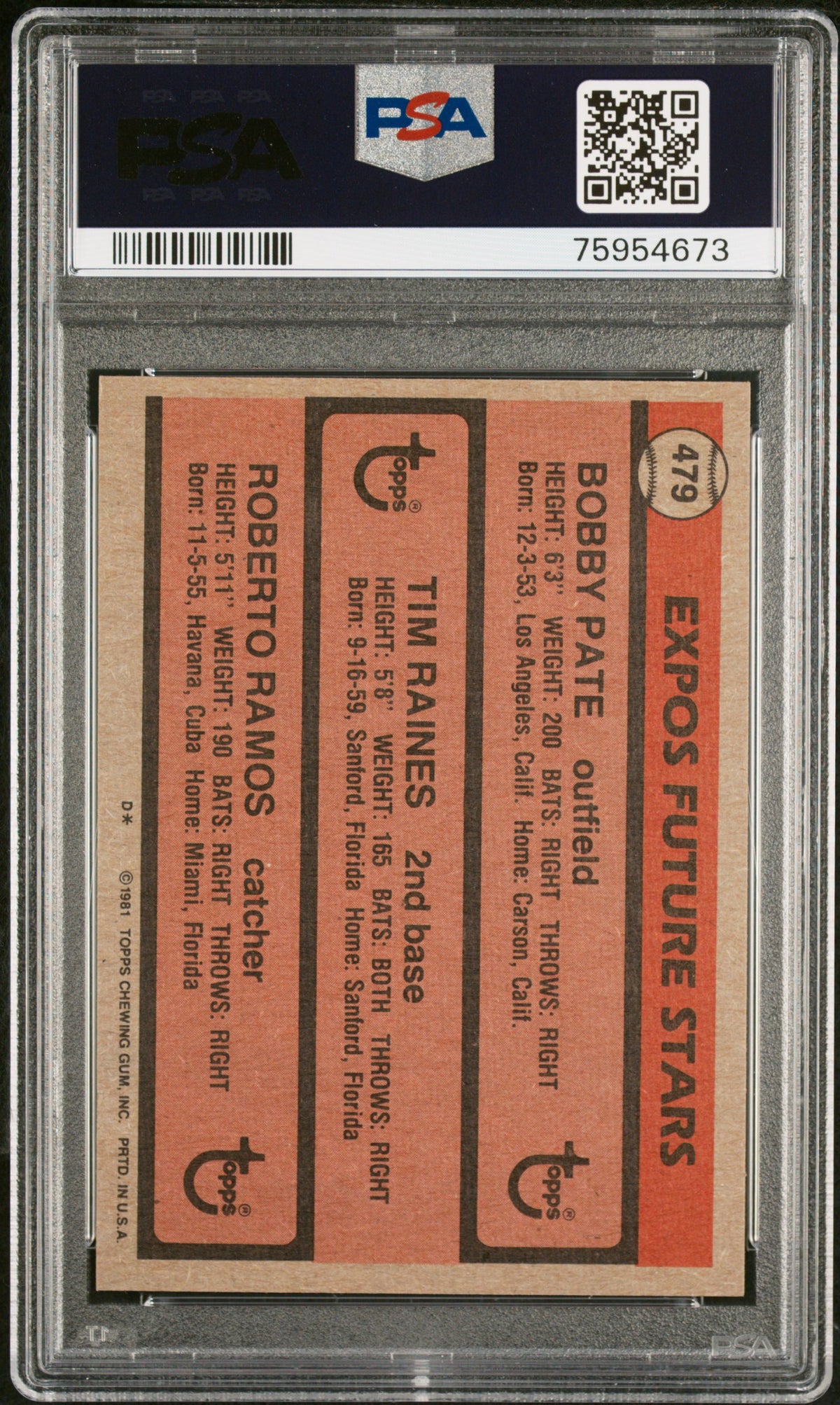 1981 Topps Expos Future Stars Bobby Pate/Roberto Ramos/Tim Raines #479 PSA 6