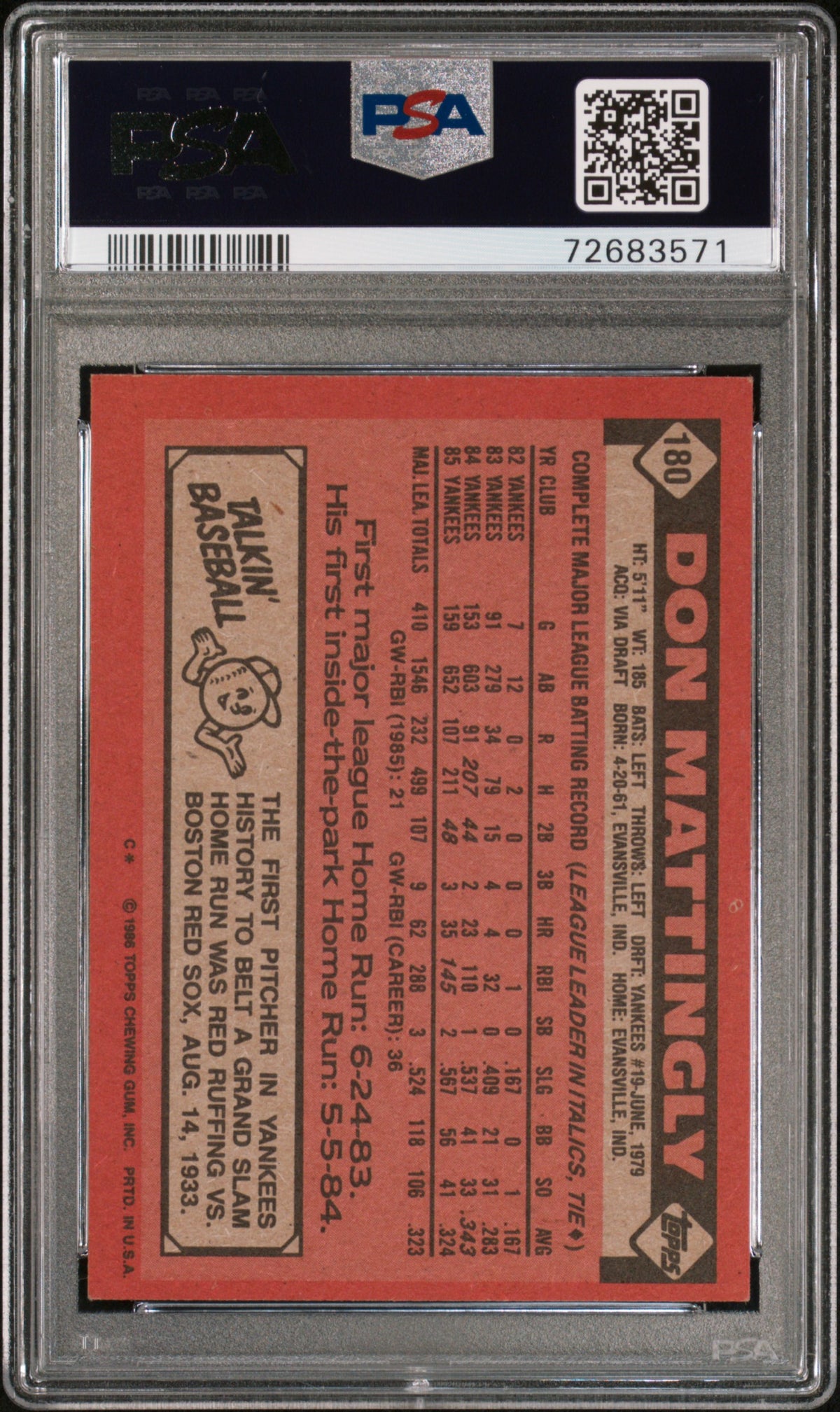 1986 Topps Don Mattingly #180 PSA 6