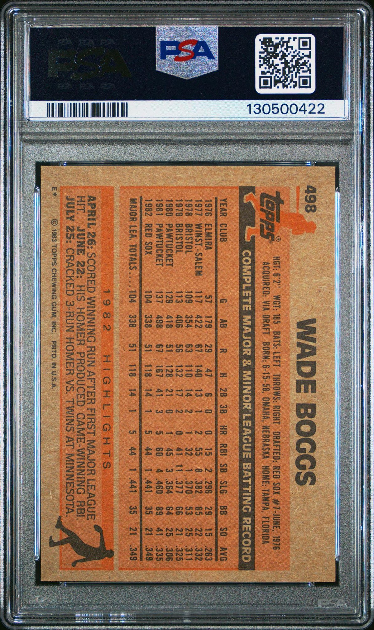 1983 Topps Wade Boggs #498 PSA 6