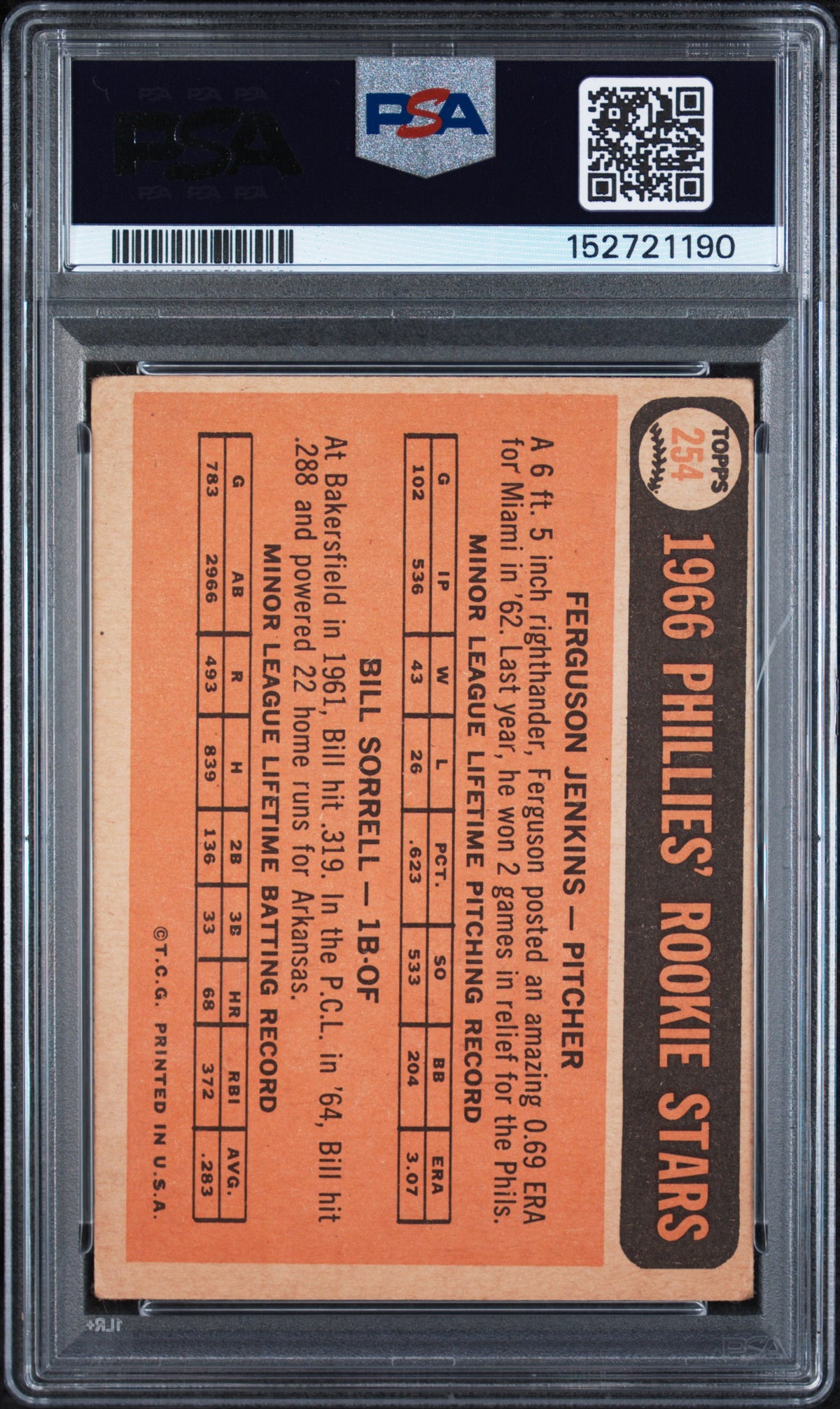1966 Topps Bill Sorrell/Fergie Jenkins #254 PSA 3