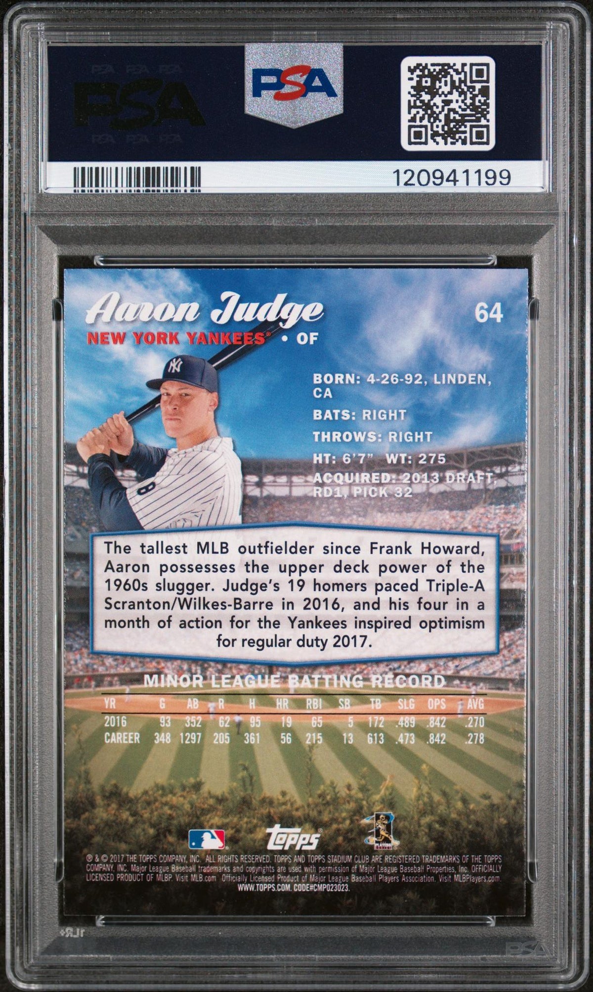 2017 Stadium Club Aaron Judge #64 Rookie PSA 10