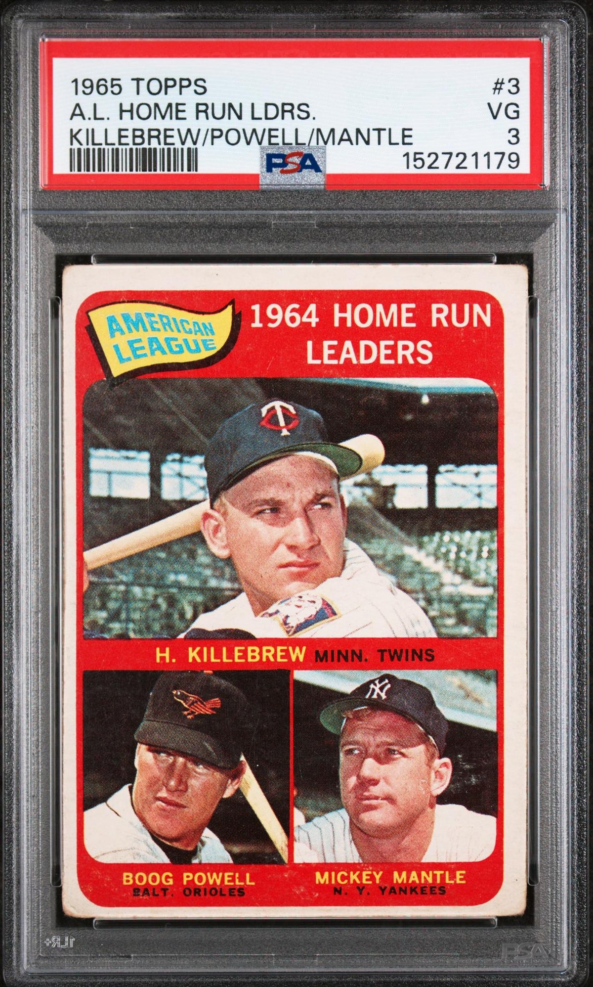 1965 Topps A.L. Home Run Leaders Boog Powell/Harmon Killebrew/Mickey Mantle #3 PSA 3