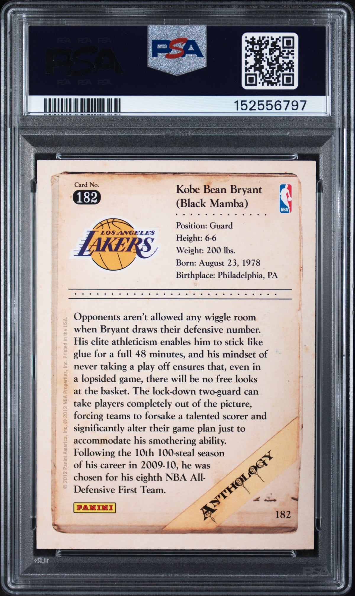 2012 Panini Kobe Anthology Kobe Bryant #182 PSA 9