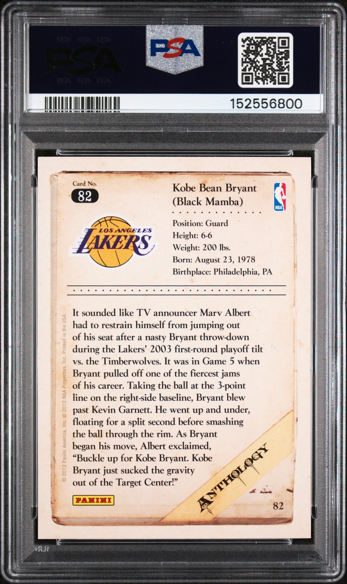2012 Panini Kobe Anthology Kobe Bryant #82 PSA 9