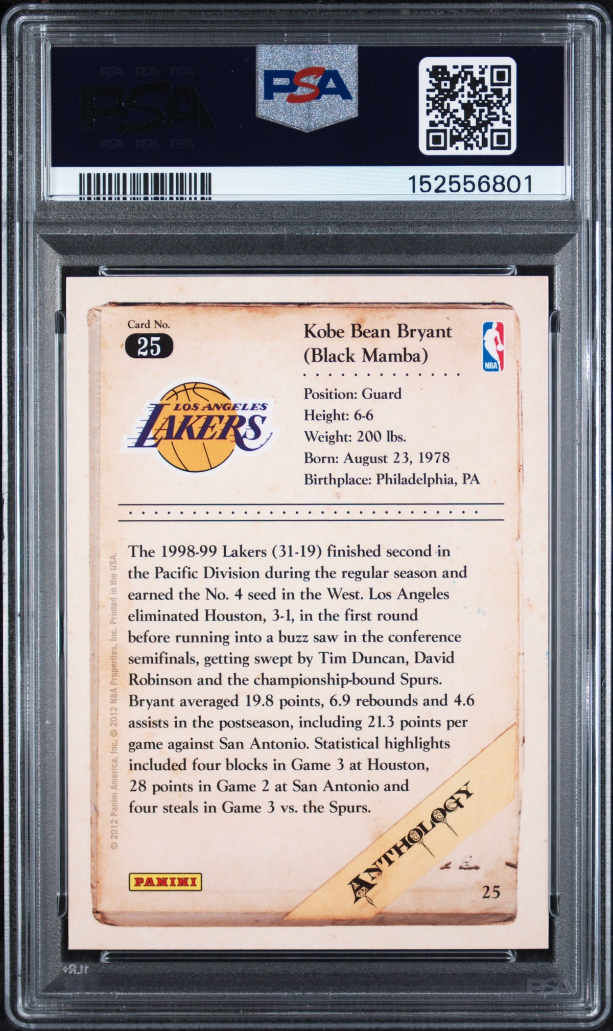 2012 Panini Kobe Anthology Kobe Bryant #25 PSA 10