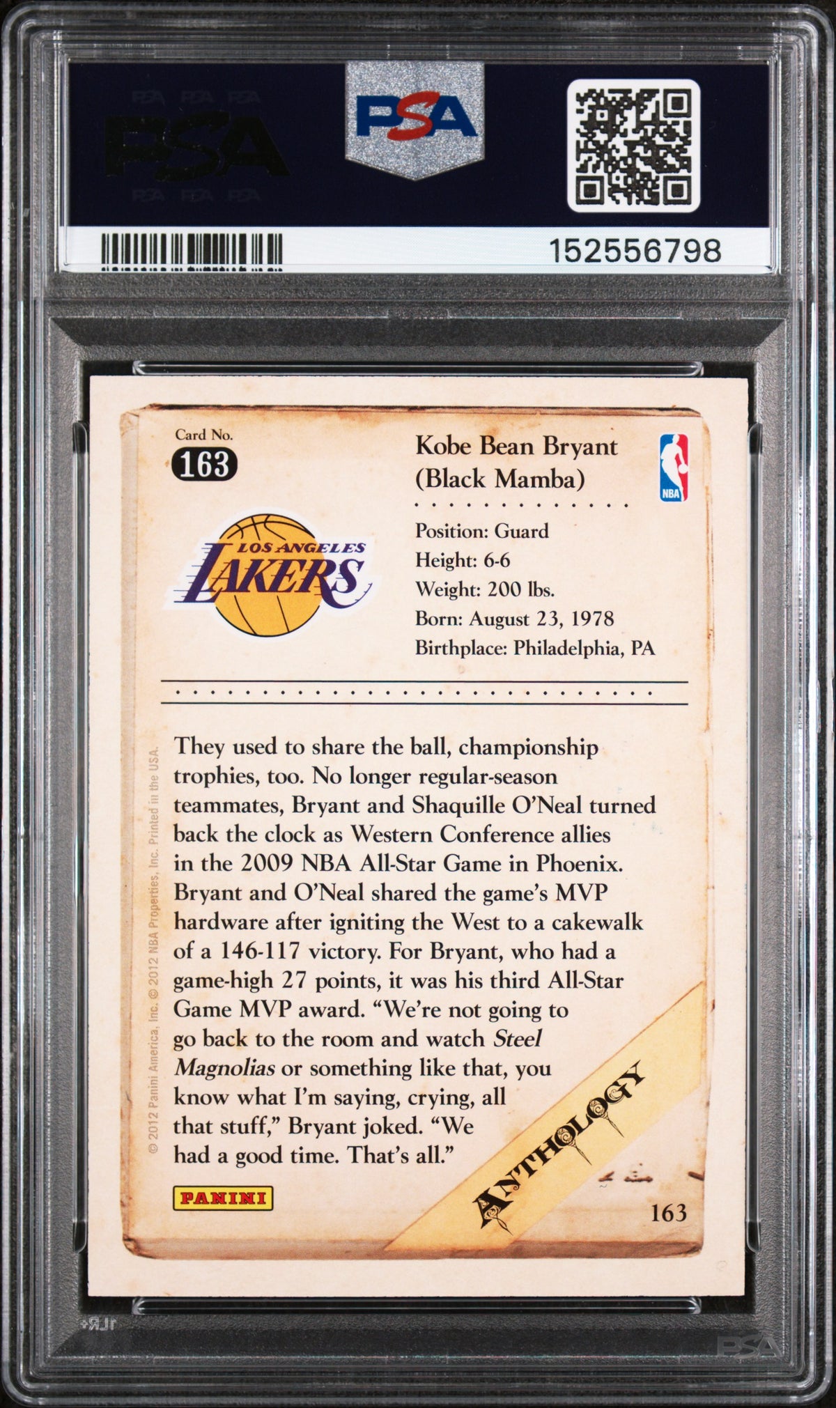 2012 Panini Kobe Anthology Kobe Bryant #163 PSA 9
