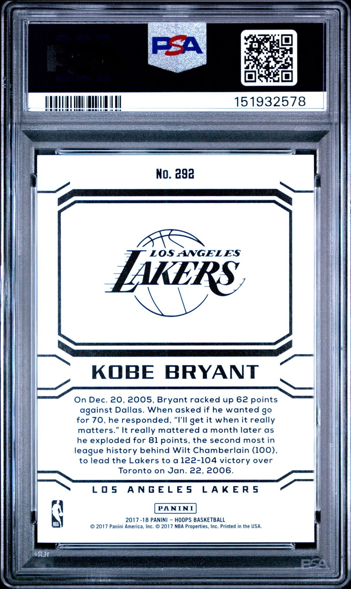 2017 Panini Hoops Kobe Bryant #292 PSA 7