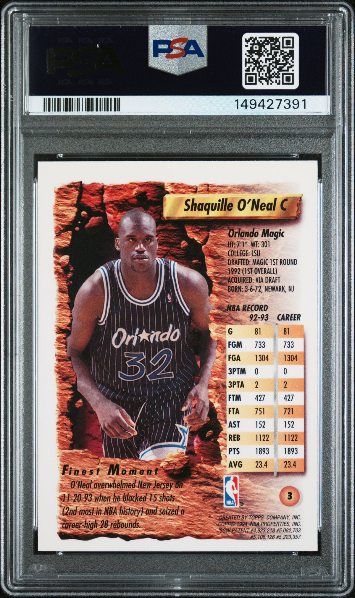 1993 Finest Shaquille O'Neal #3 PSA 7