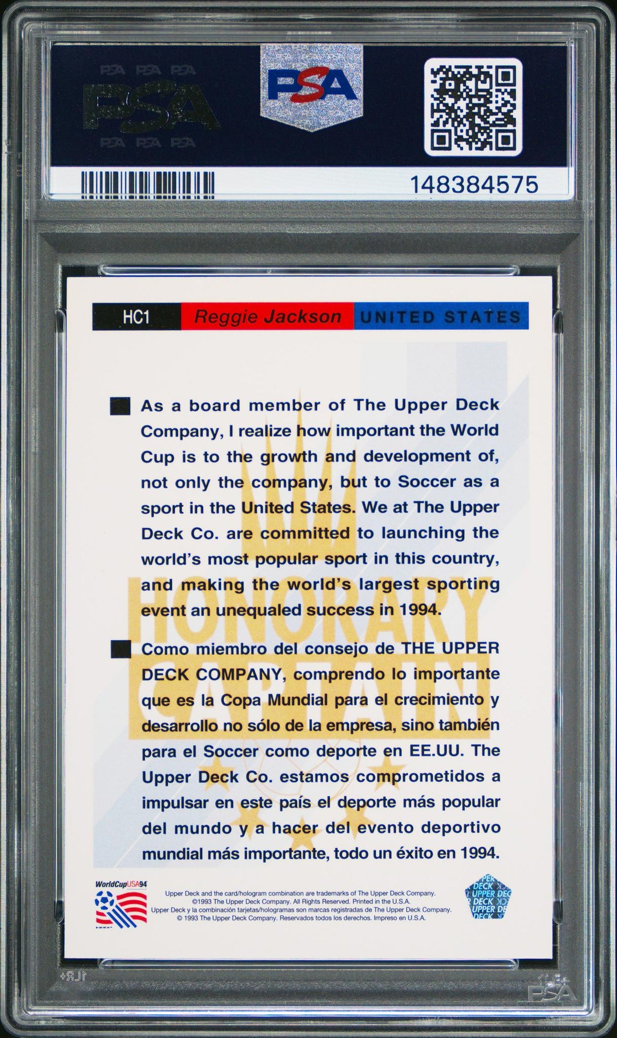 1993 Upper Deck Reggie Jackson Honorary Captain-Gold #HC1 PSA 7
