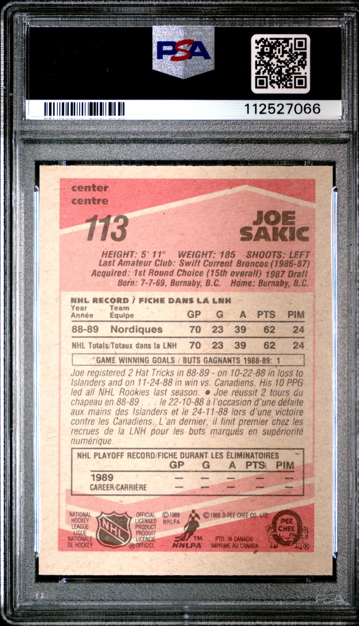 1989 O-Pee-Chee Joe Sakic #113 PSA 7