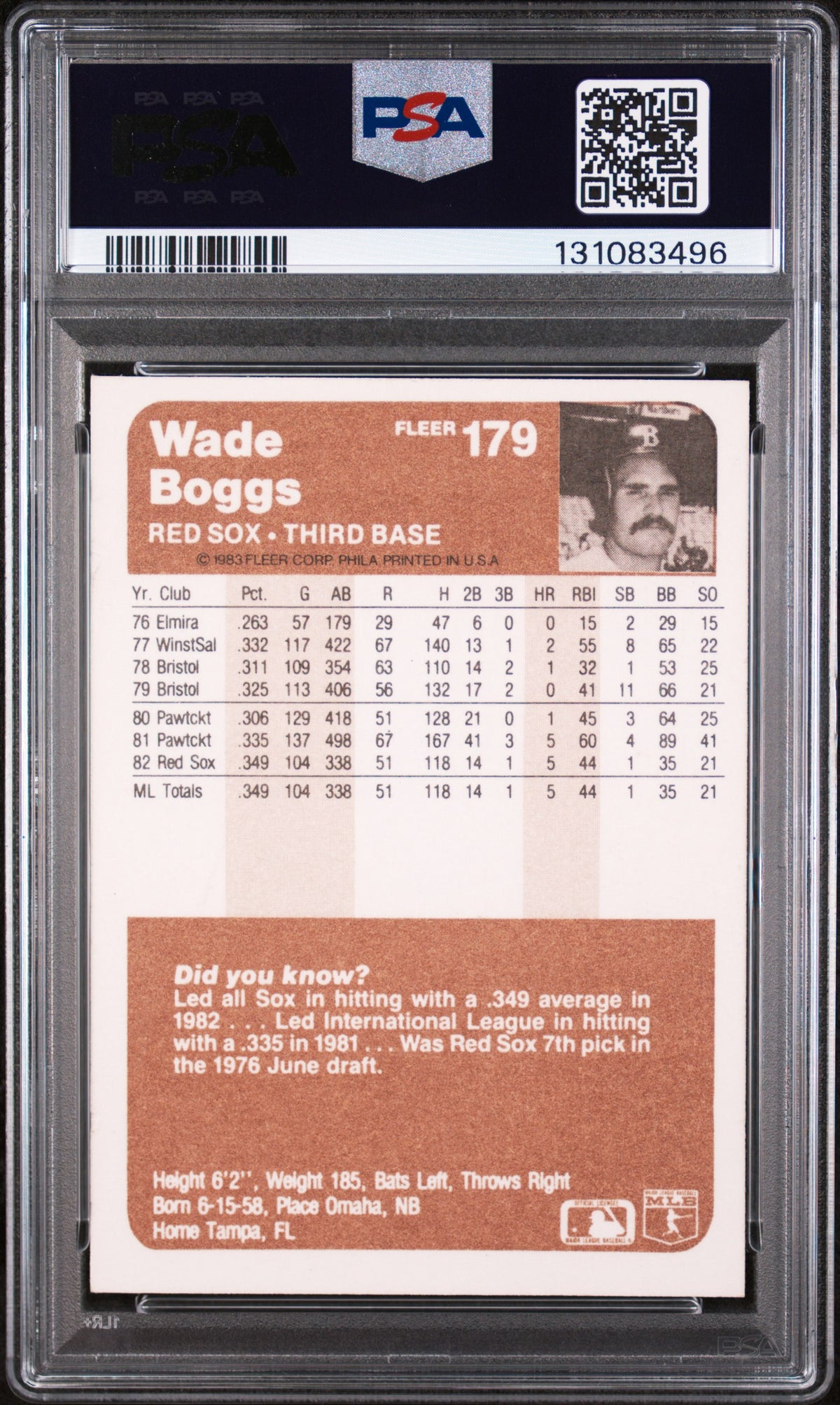 1983 Fleer Tradition Wade Boggs #179 PSA 6