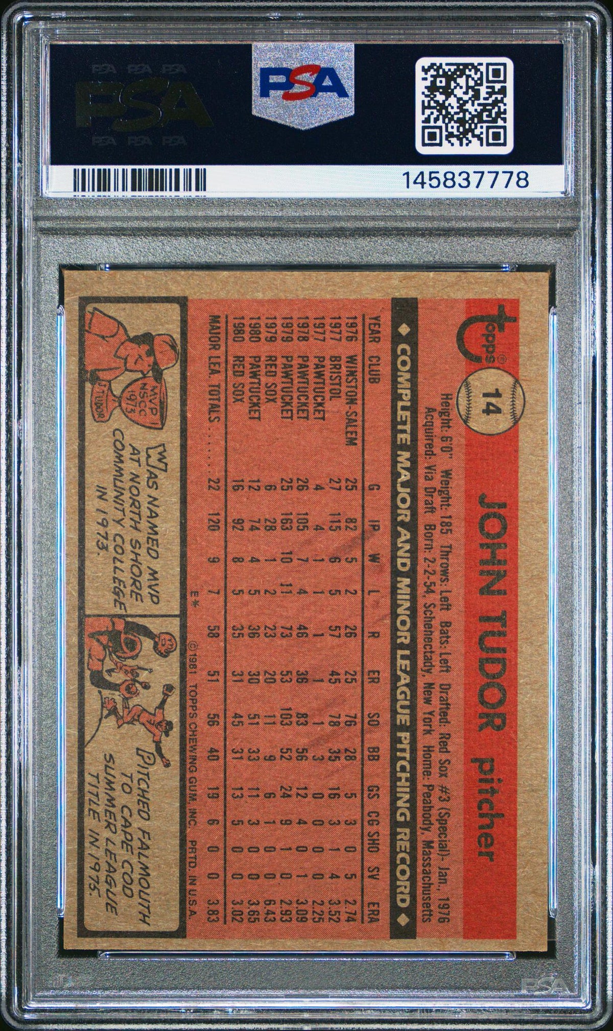 1981 Topps John Tudor #14 PSA 7