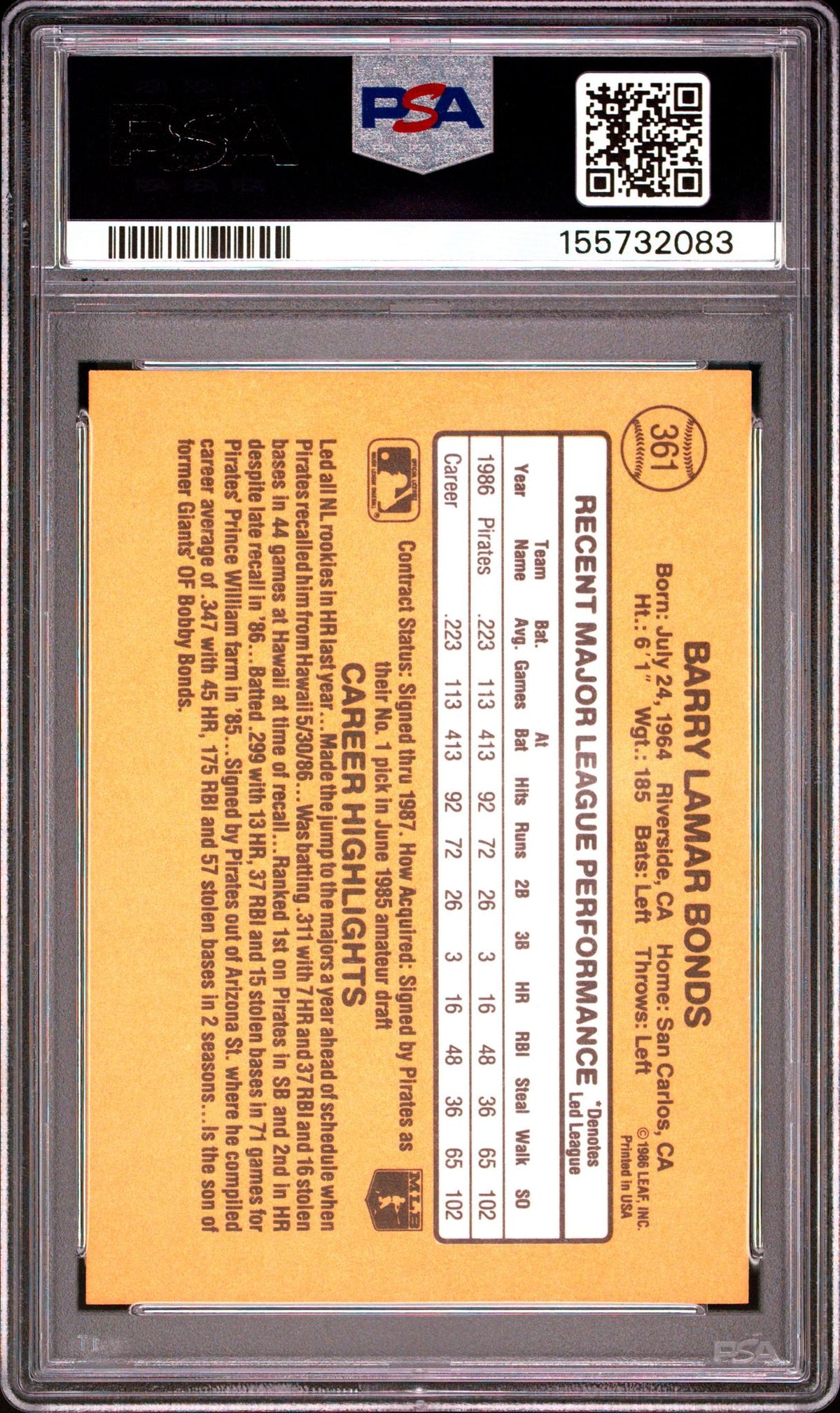 1987 Donruss Barry Bonds #361 PSA 7