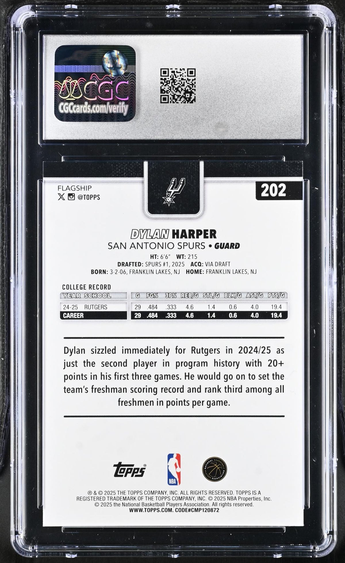 2025 Topps #202 Dylan Harper Flagship CGC 10