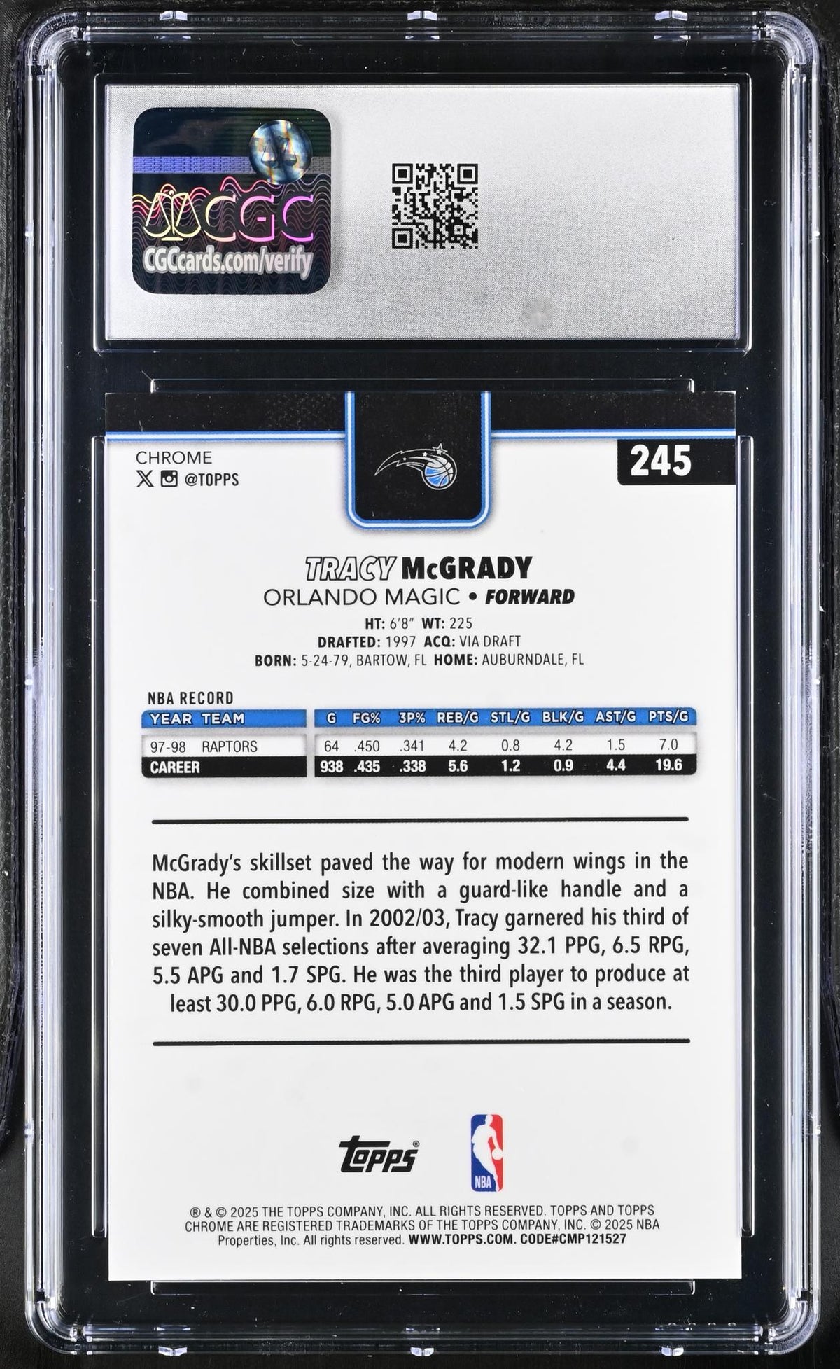 2025 Topps Chrome #245 Tracy McGrady Gold Refractor CGC 8