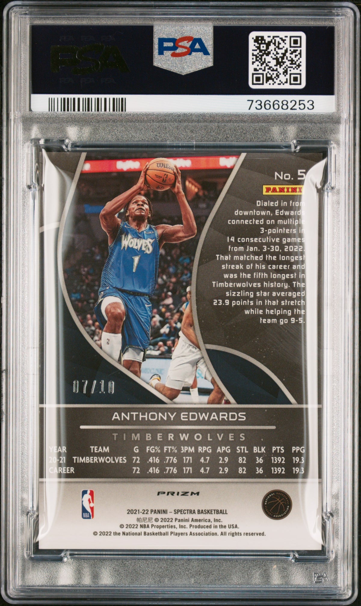 2021 Panini Spectra Gold Anthony Edwards #5 /10 PSA 10 73668253