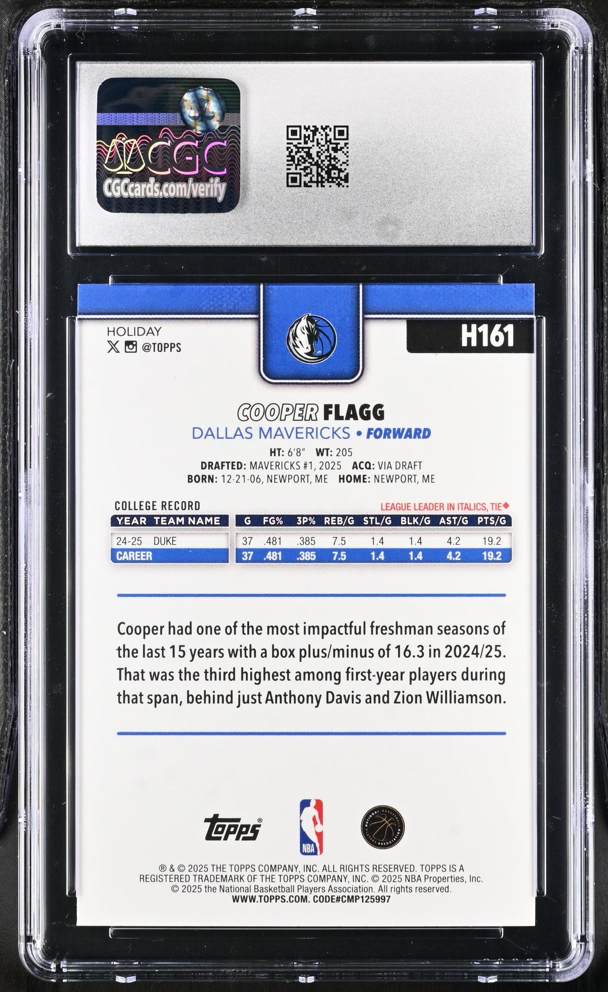 2025 Topps Holiday #H161 Cooper Flagg CGC 9