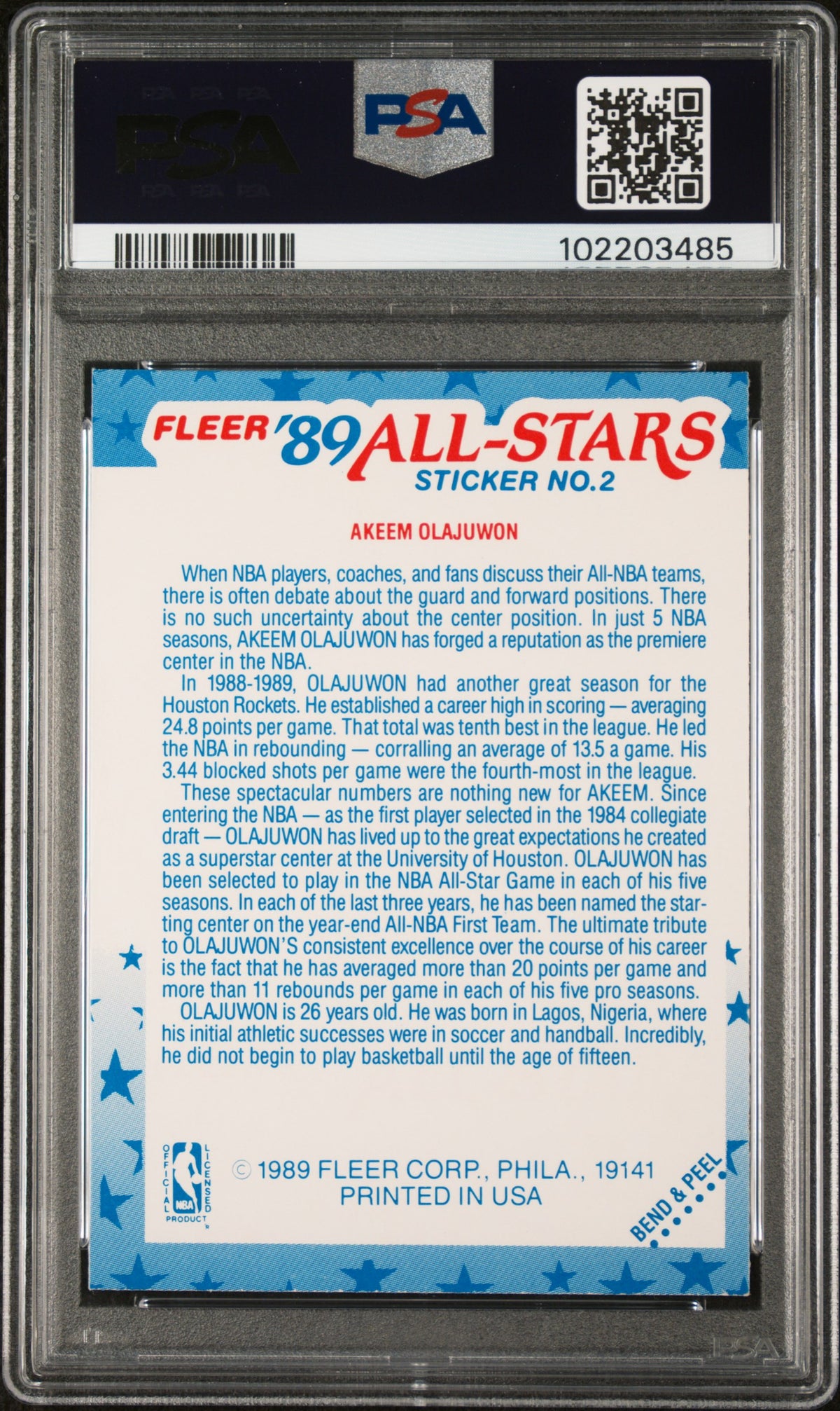 1989 Fleer Stickers Hakeem Olajuwon #2 PSA 6