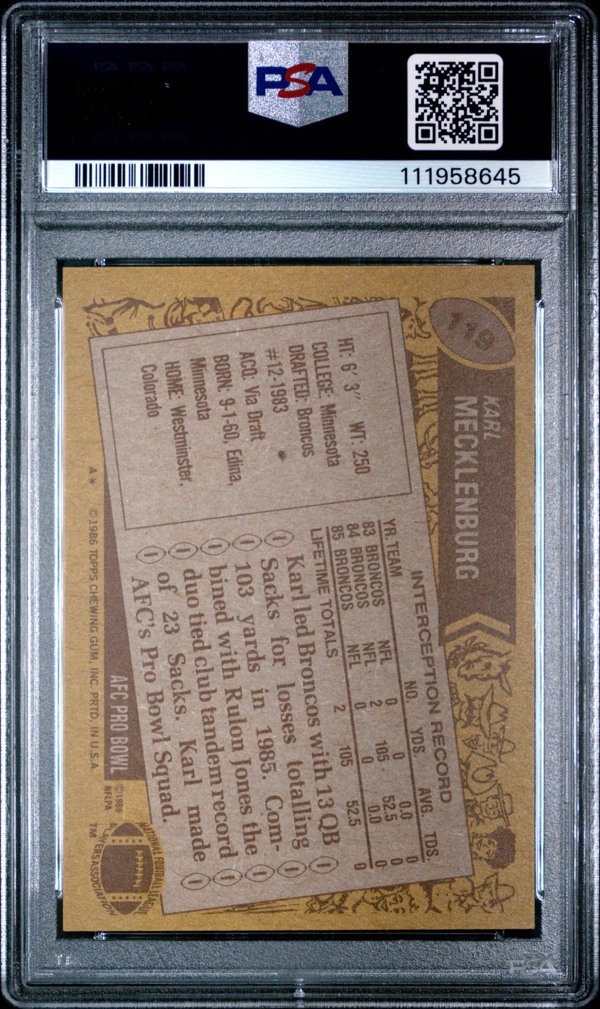 1986 Topps Karl Mecklenburg Ap #119 PSA 7