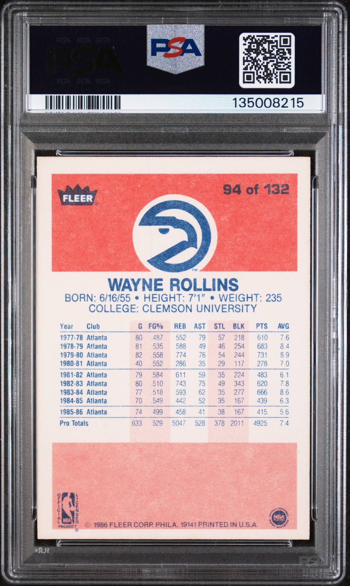 1986 Fleer Tree Rollins #94 PSA 6