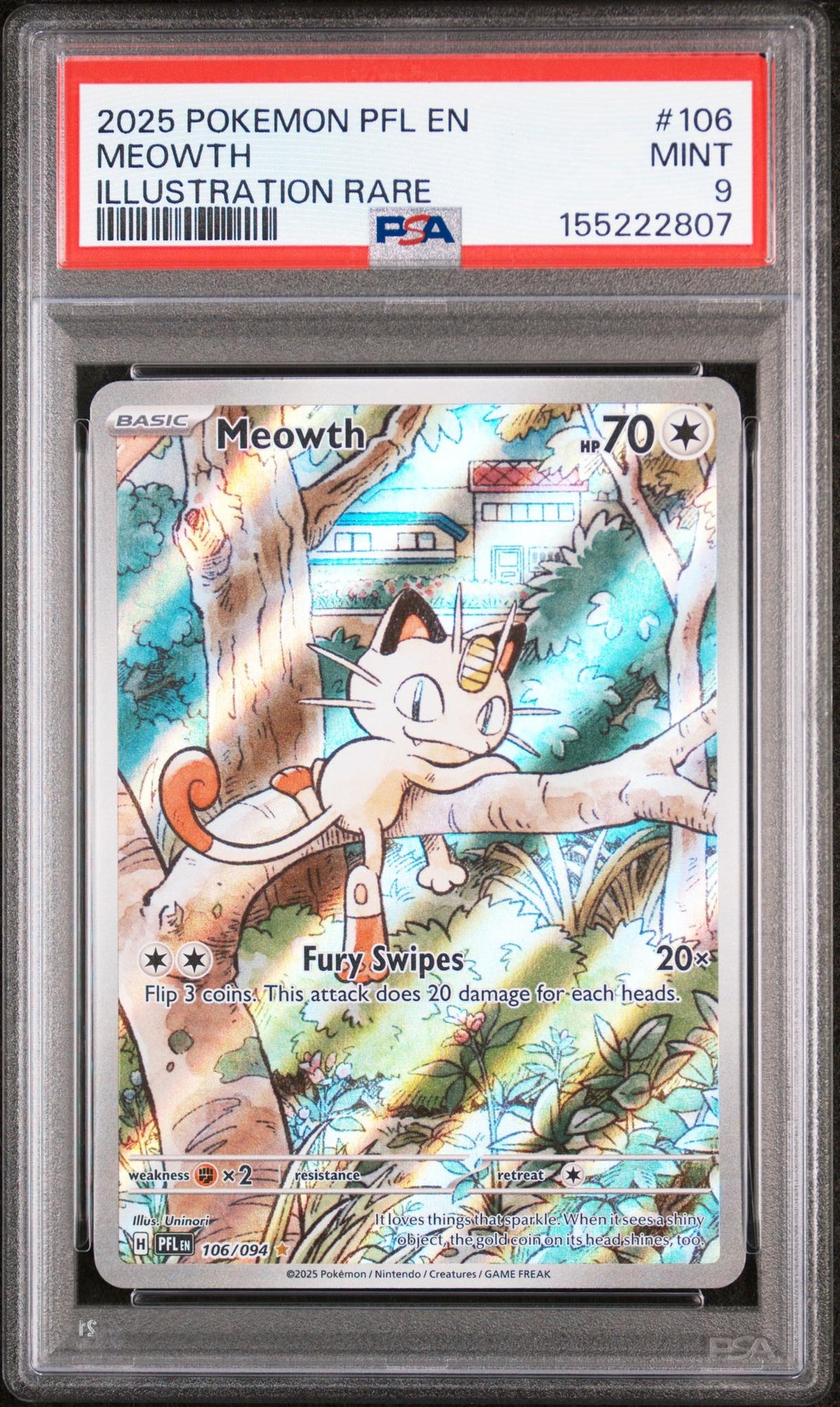 2025 Pokemon Mega Evolution Phantasmal Flames Illustration Rare Meowth #106 PSA 9