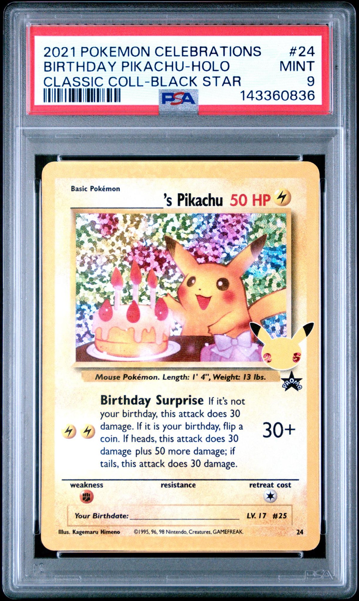 2021 Pokemon Celebrations Black Star Promo Classic Collection Holo Birthday Pikachu #24 PSA 9