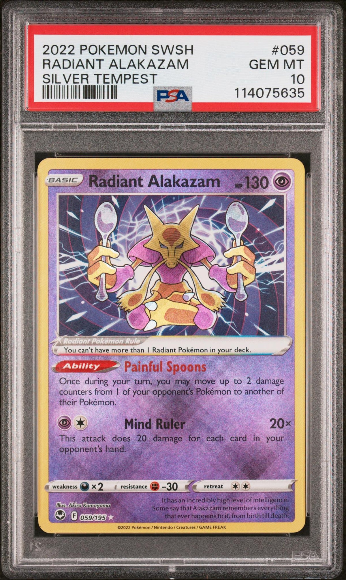 2022 Pokemon Sword and Shield Silver Tempest Radiant Alakazam #059 PSA 10