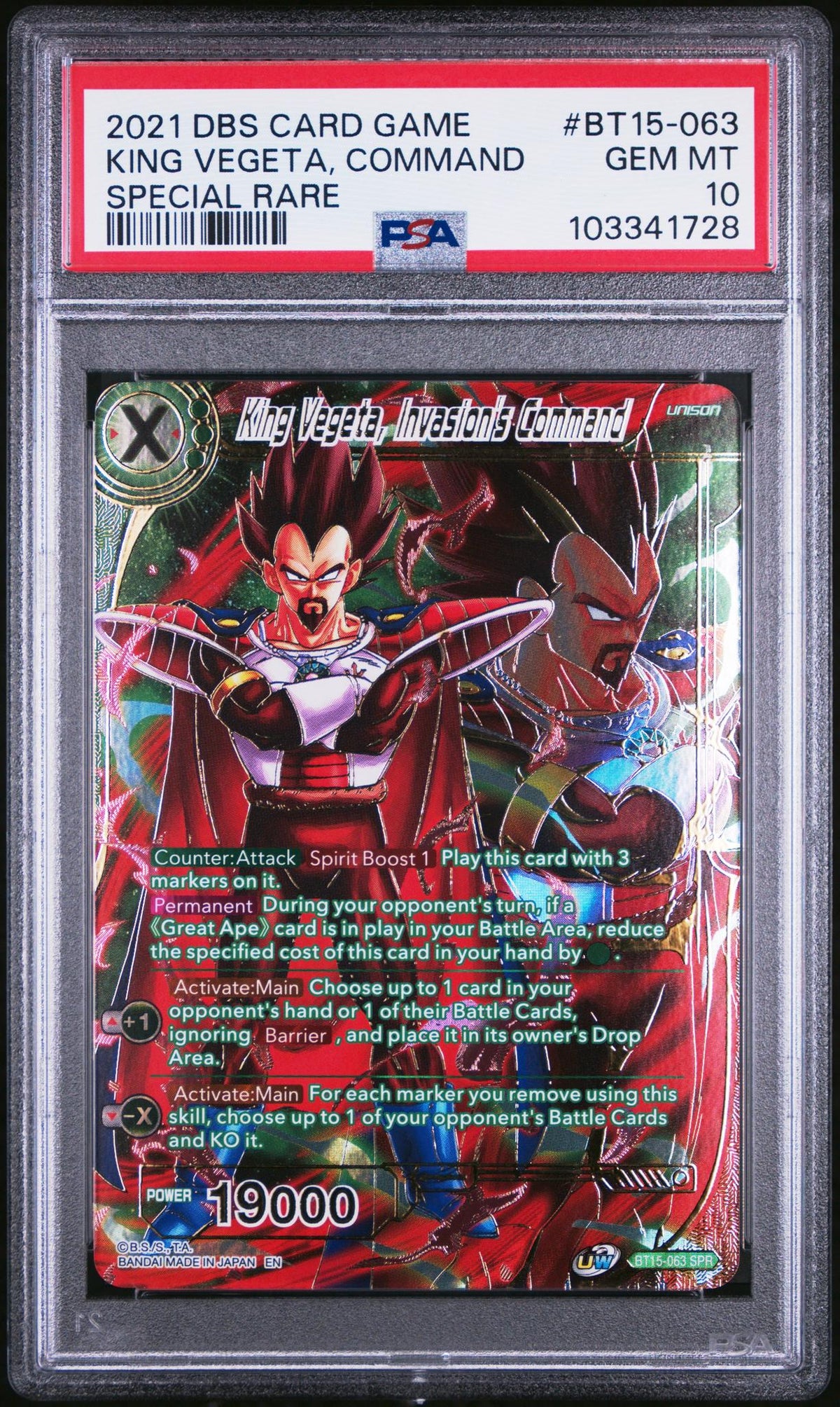 2021 DBS Card Game King Vegeta Invasion's Command #BT15-063 PSA 10
