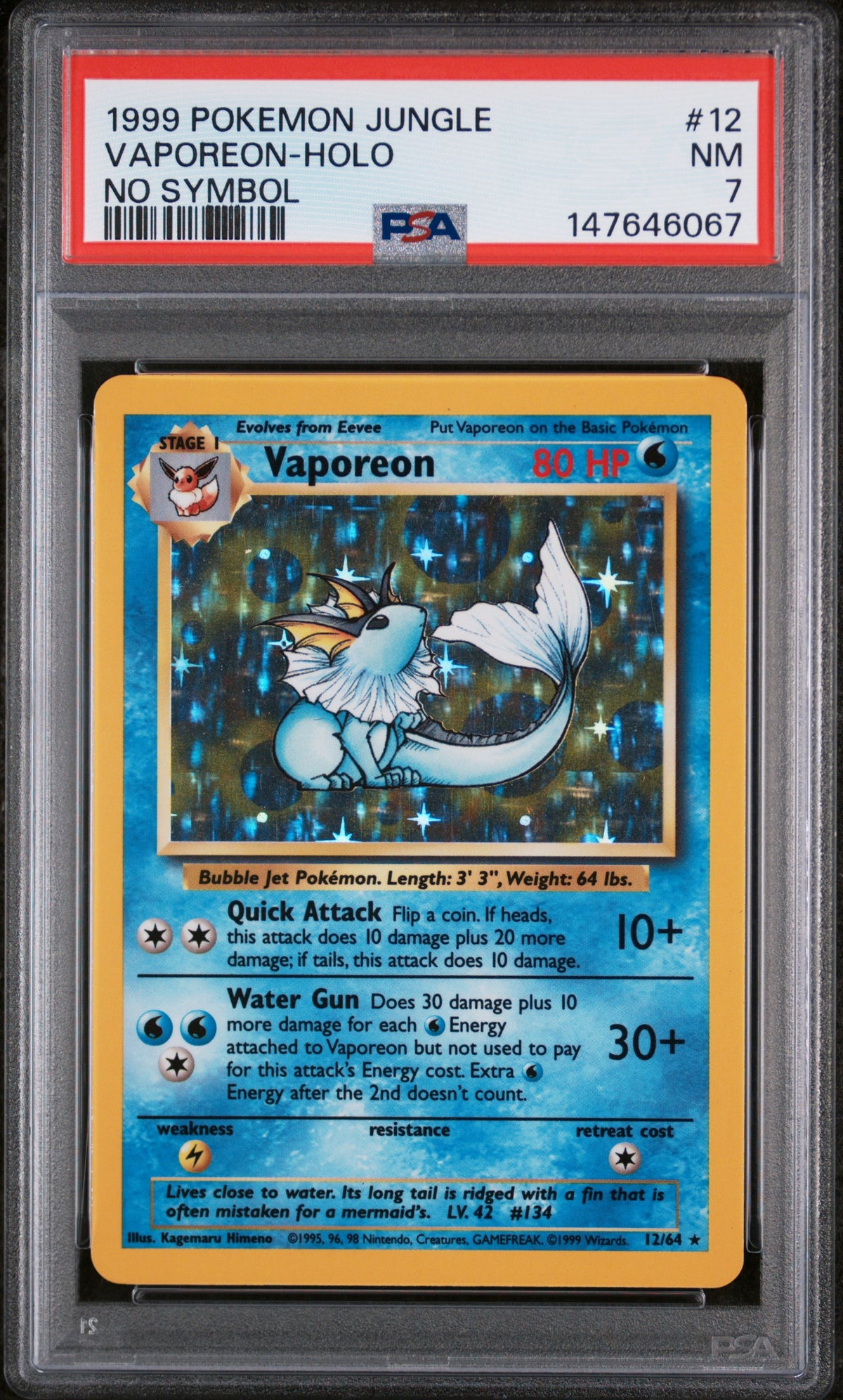 1999 Pokemon Jungle Holo No Symbol Vaporeon #12 PSA 7