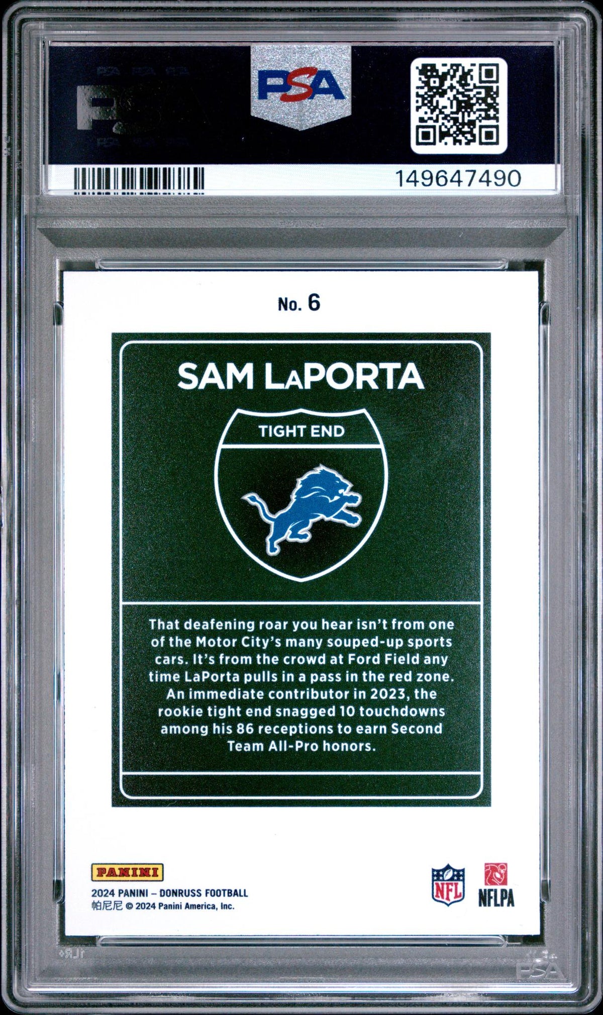 2024 Panini Donruss Downtown Sam Laporta #6 PSA 10