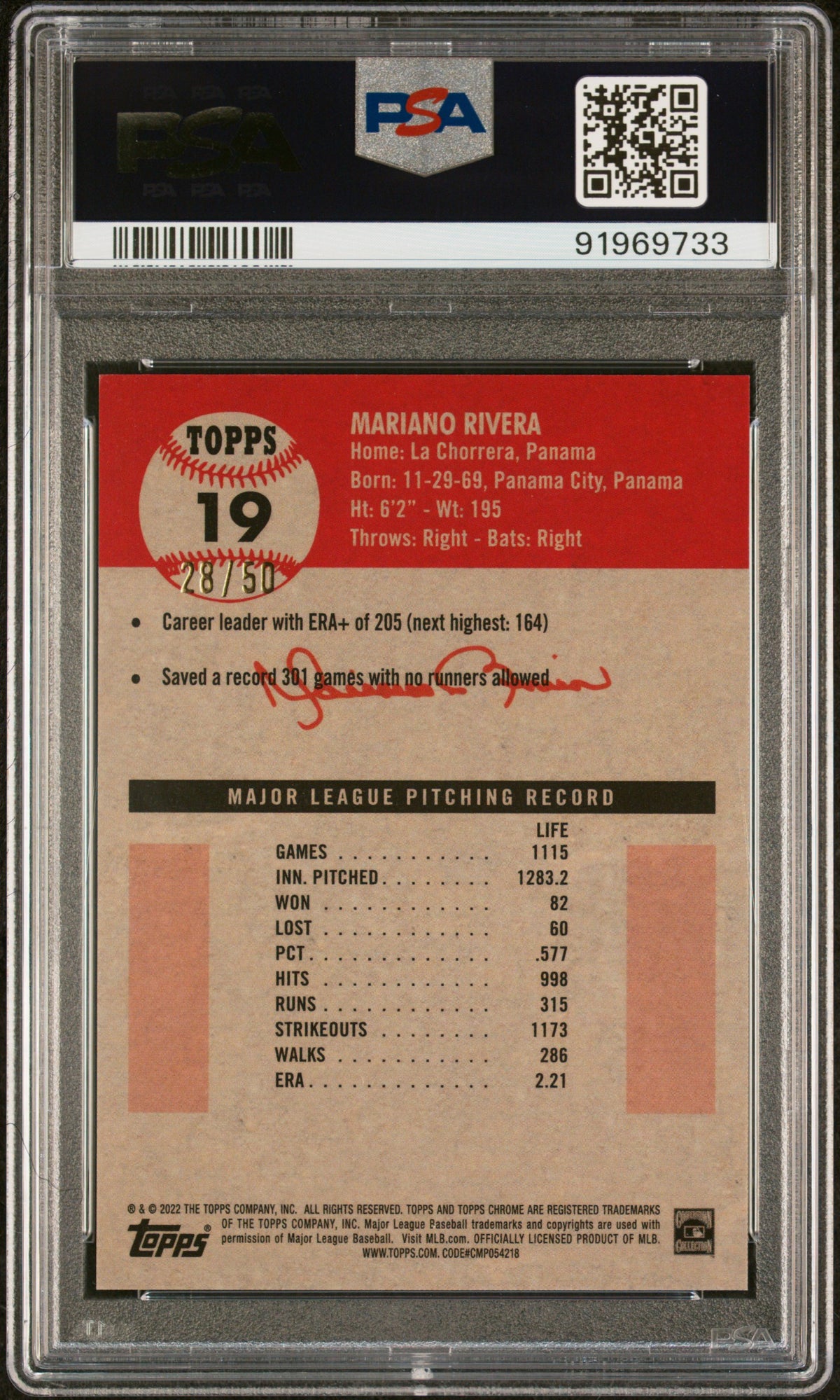 2022 Topps Chrome Platinum Anniversary Gold Wave Refractor Mariano Rivera #19 /50 PSA 10