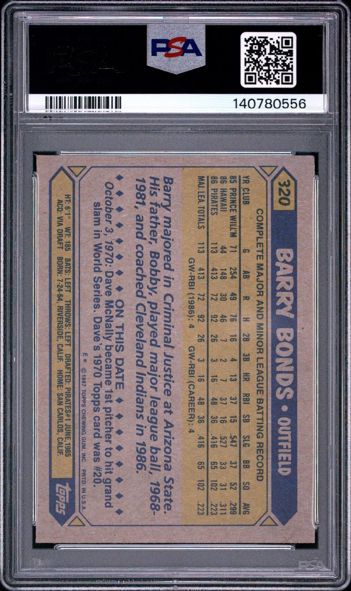 1987 Topps Barry Bonds #320 PSA 7