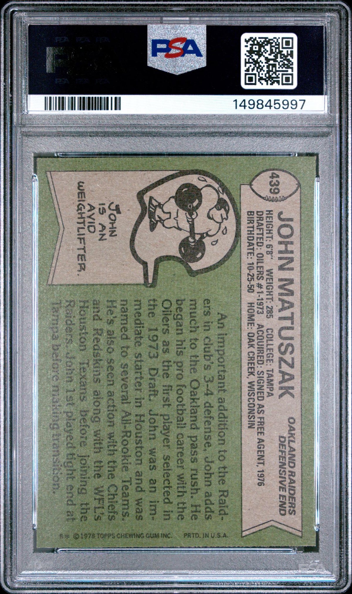 1978 Topps John Matuszak #439 PSA 7
