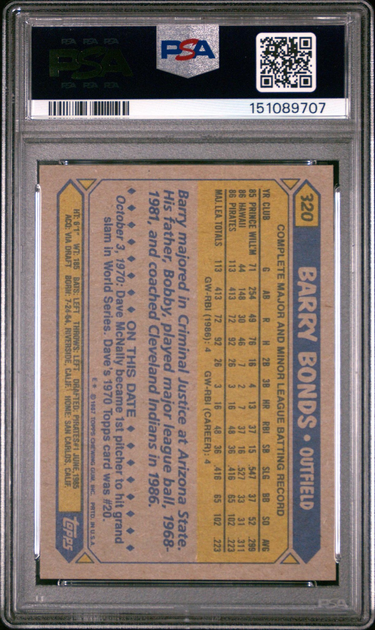 1987 Topps Barry Bonds #320 PSA 7