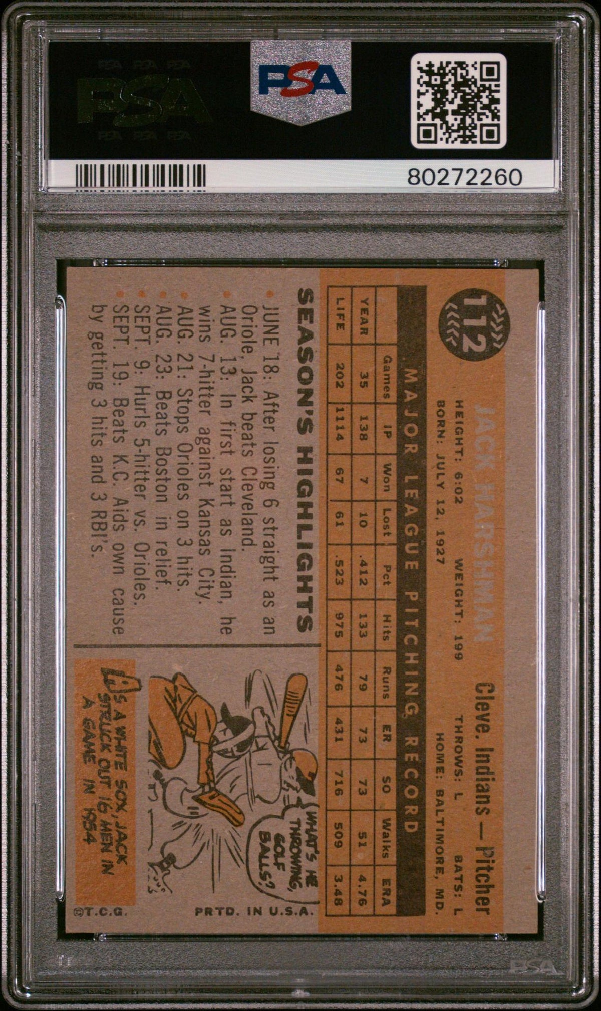1960 Topps Jack Harshman #112 PSA 6