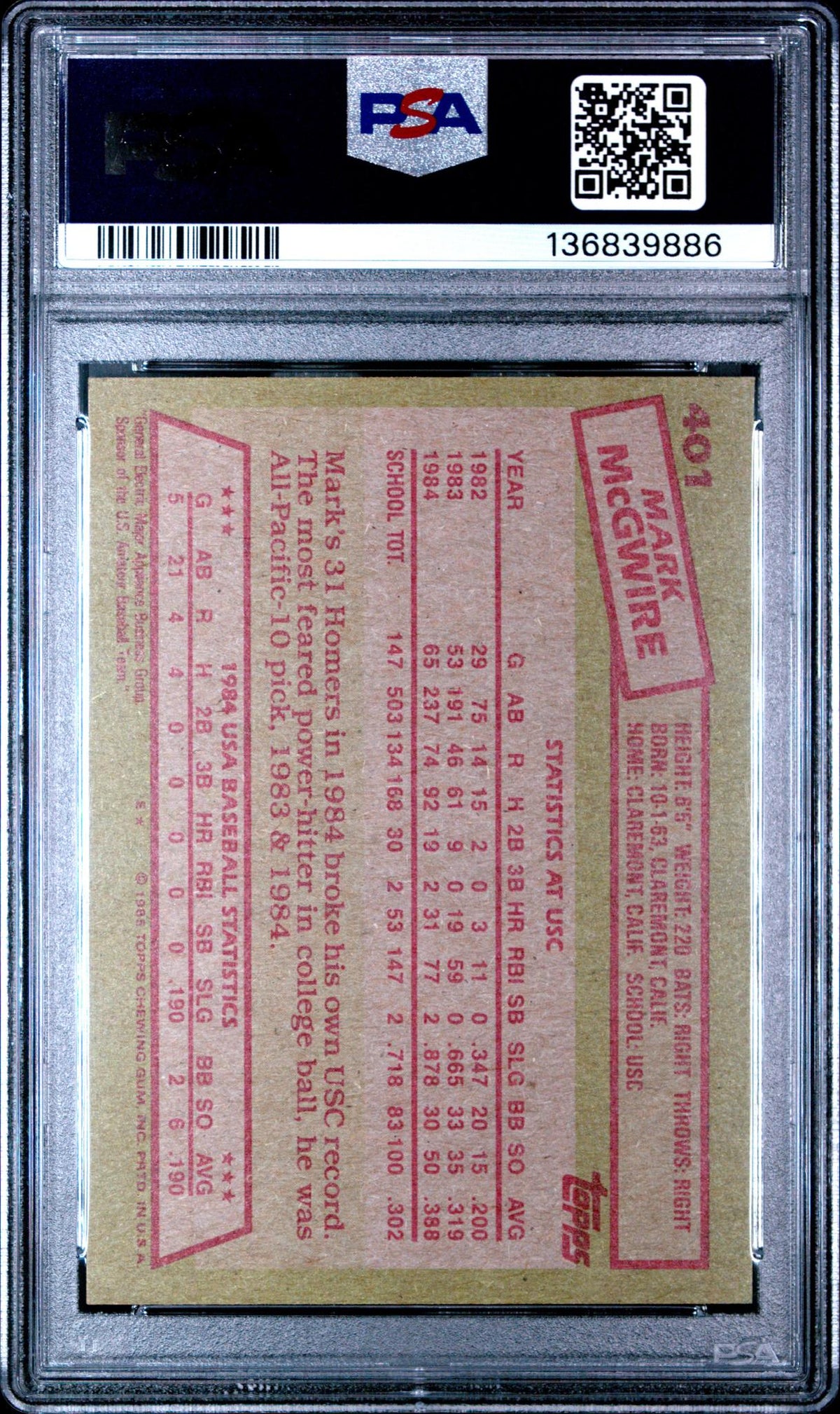 1985 Topps '84 USA Baseball Team Mark Mcgwire #401 PSA 5