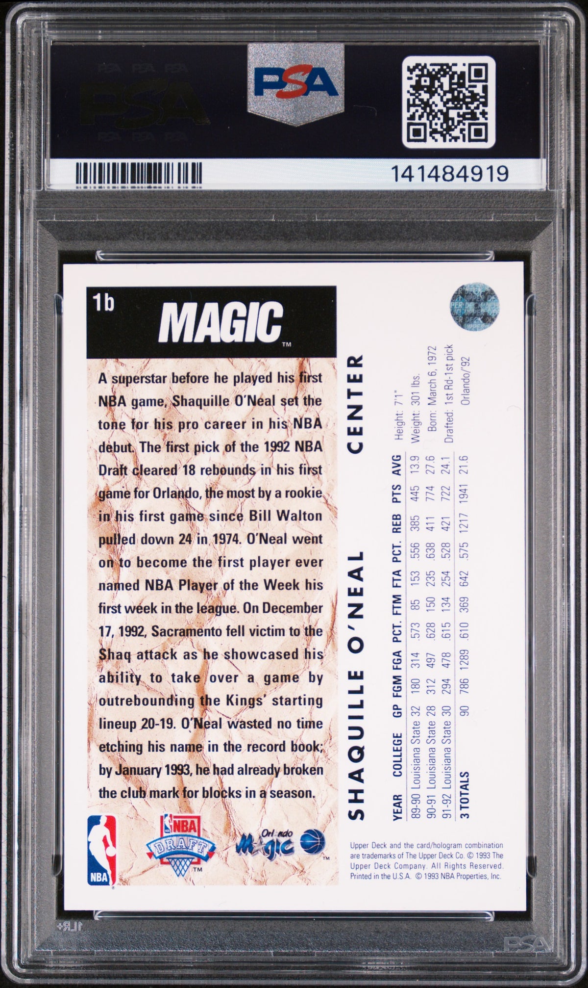 1992 Upper Deck Shaquille O'Neal Trade Card #1b PSA 6