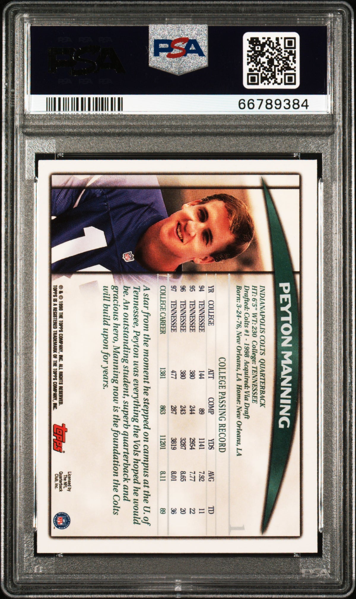 1998 Topps Season Opener Peyton Manning #1 /66789384 PSA 5